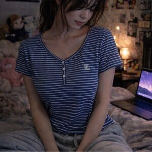 Lauren Ralph Lauren Striped Henley Short Sleeve Quiet Luxury Summer Dainty Top